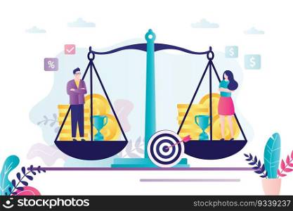 Man and woman stand on scales. Equal rights and opportunities for both genders.  Business people have equal weight and money. Gender salary equality. Concept of no wage gap. Flat vector illustration