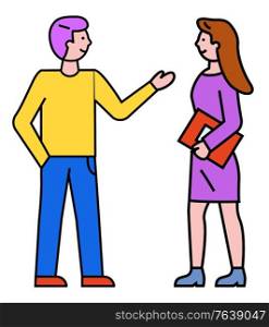 Man and woman stand together and talking. Business meeting of two managers. Guy consulting lady about work. Conversation of friends. Female holding red tablet in hand. Minimalist vector flat style. Man and Woman Talking, Business Conversation