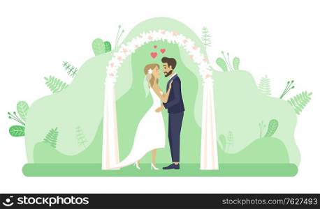 Man and woman standing by arch decorated for wedding vector, marriage ceremony. Couple in love kissing in park, foliage and flora, hearts romantic feelings. Wedding Ceremony Couple by Altar Marriage Vector