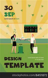 Man and woman standing in airport and choosing direction. Flight, plane. Flat vector illustration. Traveling concept can be used for presentations, banner, website design, landing web page