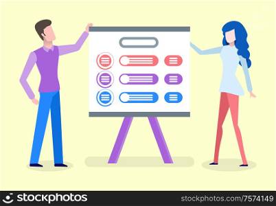 Man and woman standing near board, people showing colorful table. Panel construction, people holding billboard, presentation with icons flat vector. People Standing near Presentation, Board Vector