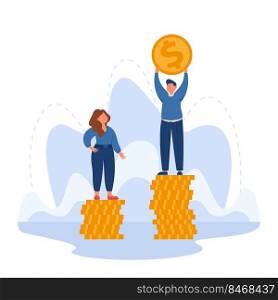 Man and woman standing on different stacks of gold coins. Salary gap between male and female employee characters flat vector illustration. Financial gender discrimination, sexism in employment concept. Man and woman standing on different stacks of gold coins