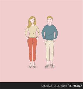 Man and woman standing poses isolated on background.Lifestyle concepts.Vector design illustrations.