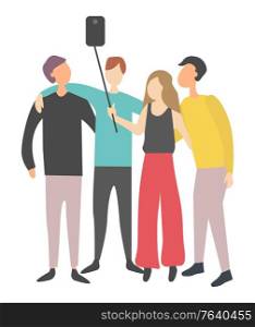Man and woman standing together and doing selfie, female holding stick with phone, people embracing, friends portrait view in casual clothes vector. People Doing Selfie, Friends Embracing Vector