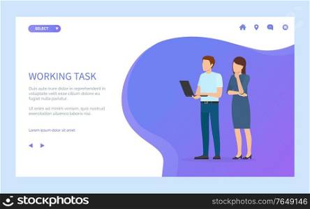 Man and woman standing together, male holding wireless device or laptop, workers full length and portrait view, teamwork of people online vector. Website or webpage template, landing page flat style. People Standing with Laptop, Working Task Vector