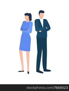 Man and woman standing together with arms crossed, portrait and full length view of workers character, colleagues or employees, teamwork technology vector. Employees of Company, Workers Together Vector