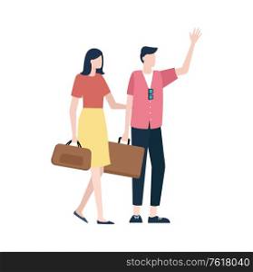Man and woman standing together with handbags, portrait and full length view of people in casual clothes, tourists or travelers flat style vector. Couple with Handbags, Man and Woman Travel Vector