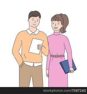 Man and woman standing together, worker male holding paper, female with documents, closeup view of people, professional colleagues, discussing vector. Colleagues Discussing, Workers Closeup View Vector