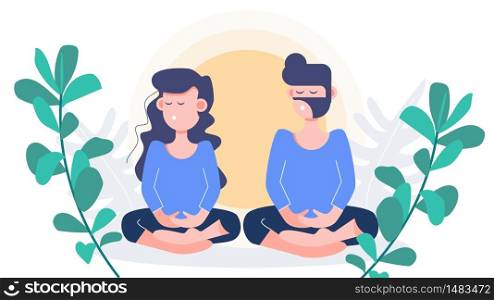 Man and woman stay at home sitting meditation. Vesak day. covid-19 coronavirus outbreak. flat character design abstract people. health care and medical vector.