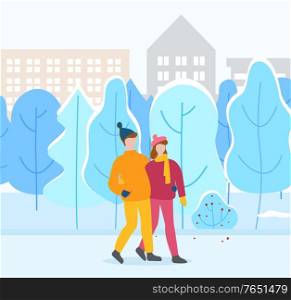 Man and woman strolling in winter park. Cityscape with trees and buildings. Boyfriend and girlfriend hugging. People wearing warm clothes walking along streets in city. Urban area vector in flat. Couple Walking in Winter City Park, Man and Woman
