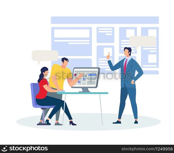 Man and Woman Students Sitting at Desk and Discussing at Computer Screen. Business Trainer Explaining Information in Classroom at Huge Interactive Monitor Background. Cartoon Flat vector Illustration. Business Coach Explaining Information in Classroom
