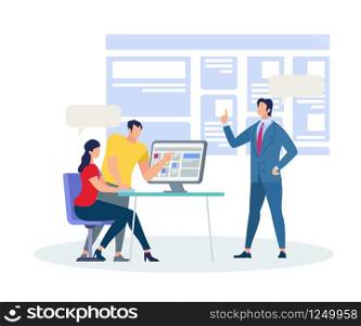 Man and Woman Students Sitting at Desk and Discussing at Computer Screen. Business Trainer Explaining Information in Classroom at Huge Interactive Monitor Background. Cartoon Flat vector Illustration. Business Coach Explaining Information in Classroom