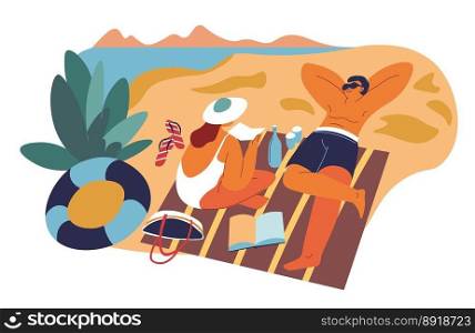 Man and woman sunbathing by seaside, isolated couple on summer vacation or holiday sitting on blanket. Reading and spending time together, honeymoon or weekends. Vector in flat style illustration. Couple by seaside, man and woman sunbathing vector
