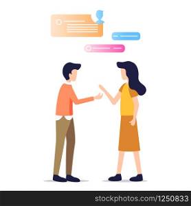 Man and Woman Talk Chat Friend Work Conversation. Chatting. Speech Bubble Place for Word. Coworker Speak have Discussion Debate. Chatting Balloone. Flat Cartoon Vector Illustration. Man and Woman Talk Chat Friend Work Conversation