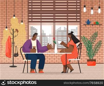 Man and woman talking and drinking coffee or tea in cafe. Couple having date in modern restaurant. Comfortable place for friends to meet. Students or workers eating out during break at work vector. Couple Drinking Coffee, Friends in Restaurant