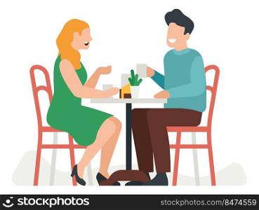 Man and woman talking in cafe. Happy people on date isolated on white background. Man and woman talking in cafe. Happy people on date