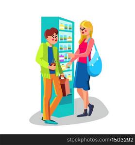 Man And Woman Talking Near Vending Machine Vector. Smiling Boy With Coffee Cup And Bag Communicate With Young Beautiful Girl Near Vending Appliance. Characters Flat Cartoon Illustration. Man And Woman Talking Near Vending Machine Vector