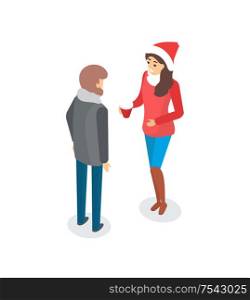 Man and woman talking outdoors, couple outside discussing topic vector. Male and female wearing warm winter clothes, lady in Santa Claus hat with cup. Man and Woman Talking Outdoors, Couple Outside