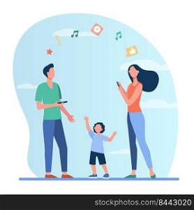 Man and woman talking to each other via phone, child near parents. Virtual communication, social distance, family concept can be used for presentations, banner, website design, landing page