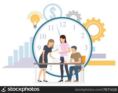 Man and woman teamwork cooperation, employees researching in deadline. Colleagues consulting on workplace, professional development, company vector. Company Research, Time and Finance Develop Vector