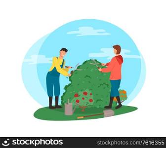 Man and woman tending bushes vector, people cutting flora with special gardening scissors, roses and flowering plant with foliage and frondage isolated. Farming People Man and Woman Cutting Bushes Vector