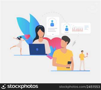 Man and woman texting messages on dating site. Technology, love, communication concept. Vector illustration can be used for topics like relationship, online dating service, romance