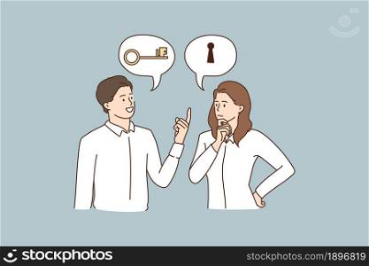 Man and woman think of business problem solution, bubbles with key and lock upwards. Pensive businesspeople make decision, unlock solve strategy or idea. Find answer. Vector illustration. . Businesspeople think of business problem solution together
