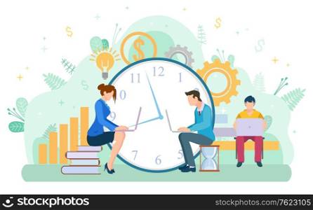 Man and woman time management vector, people working with laptops and computers sitting on books and hourglass. Workers with clock and cogwheels dollar. Flat cartoon. People Working on Projects Business Development