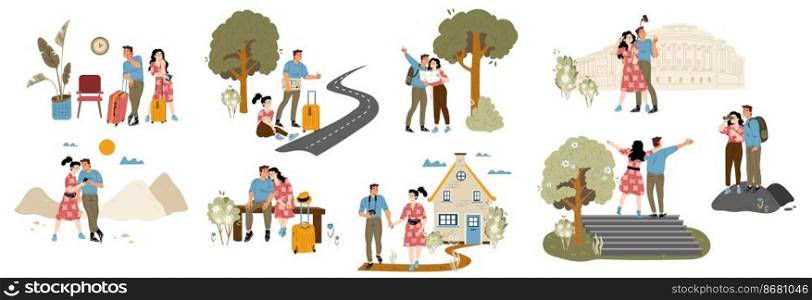 Man and woman tourists travel together. People with suitcase and backpack going to journey, hitchhiking, take photo of landmarks and selfie. Happy couple in honeymoon trip, vector illustration. Man and woman tourists travel together