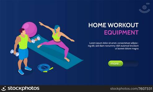Man and woman training at home with fitness equipment isometric horizontal banner 3d vector illustration