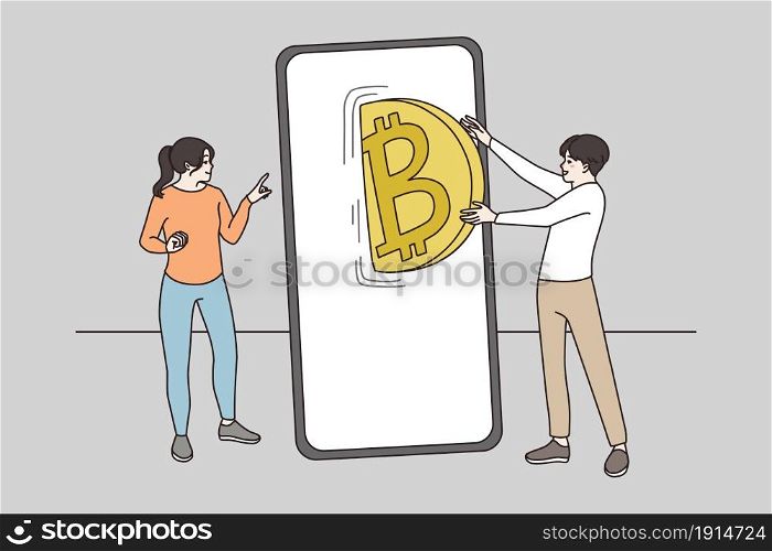 Man and woman transfer bitcoin using application on smartphone. People mine work with cryptocurrency on stock exchange market on cellphone. Crypto, virtual money. Flat vector illustration.. People transfer exchange bitcoin on cellphone application