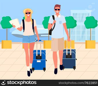 Man and woman travelers going near airport building and airplane. Smiling couple holding baggage, people arrival, tourist with luggage near terminal vector. Travelers Arrival, Tourists in Airport Vector