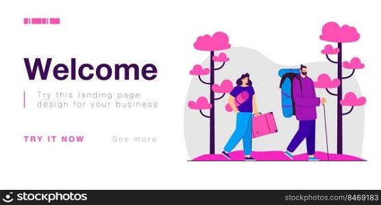 Man and woman traveling in mountains and forest with backpacks. Holiday summer adventure in camping flat vector illustration. Family hiking, nature concept for banner, website design, landing web page
