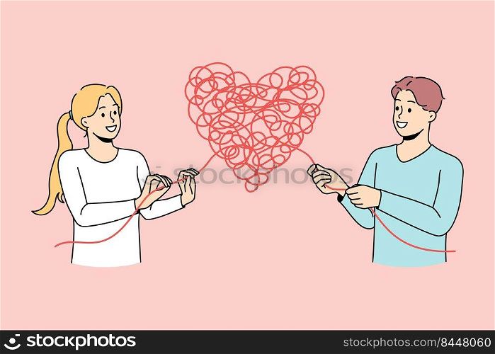 Man and woman untangle heart solve relationship problem. Couple find solution to relation trouble. Dating and feelings. Vector illustration.. Couple untangle love problems