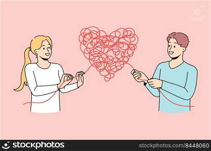 Man and woman untangle heart solve relationship problem. Couple find solution to relation trouble. Dating and feelings. Vector illustration.. Couple untangle love problems
