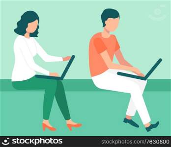 Man and woman using computer, company startup and success. People developing best service for business, worker communication with laptop, work. Vector illustration in flat cartoon style. People Working with Laptop, Best Service Vector