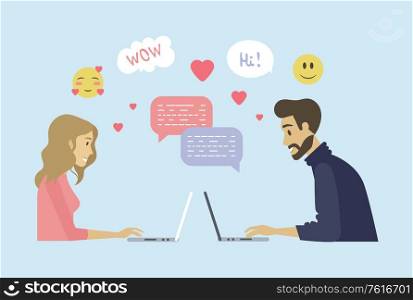 Man and woman using laptop for meeting online, dating in social network, side view of couple characters, online love, message and smile icons, love and internet vector. Dating with Laptop of Man and Woman, Online Vector