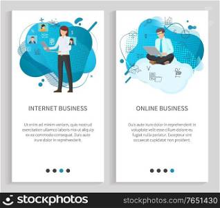Man and woman using laptop, people communication with wireless device, business development of retail, e-commerce slide, workers connection vector. Website or app slider, landing page flat style. People Working with Laptop, Web Business Vector