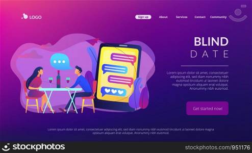 Man and woman using online dating app on smartphone and meeting at table, tiny people. Blind date, speed dating, online dating service concept. Website vibrant violet landing web page template.. Blind date concept landing page.