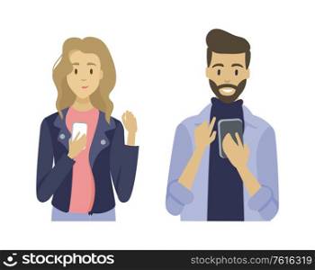 Man and woman using smartphone, person and wireless device, male and female holding phone, couple modern communication with device, screen vector. People Holding Phone, Using Gadget, App Vector