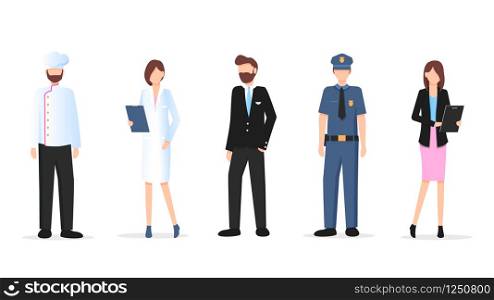 Man and Woman Various Occupation Character Set. Labor Day. Group of People Different Profession Stand. Chef, Manager, Businessman, Policeman, Office Worker. Flat Cartoon Vector Illustration. Man and Woman Various Occupation Character Set