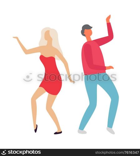 Man and woman vector, partying couple spending good time in club flat style, isolated male and female clubbers wearing fancy clothes stylish dancers. People Dancing at Party, Clubbing Man and Woman