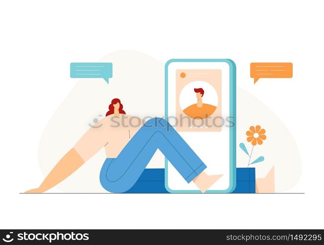 Man and woman video chatting concept, modern character profile on smartphone display. Online dating application, communication in social network, virtual relationship. Flat vector illustration.