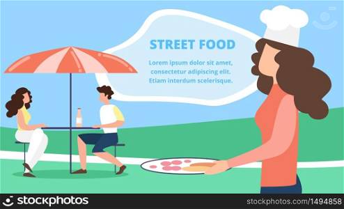 Man and Woman Visitors Sitting at Summer Cafe under Umbrella, Waitress in Toque Serving Guests Street Food on Restaurant Terrace Outdoor, Cafeteria. Cartoon Flat Vector Illustration, Horizontal Banner. Man and Woman Visitors Sitting at Summer Cafe