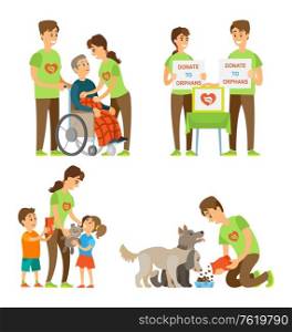 Man and woman volonteer help disabled on wheelchair, feed dogs, donate to orphans, share toy to children, people activists set, volunteering and fundraiser vector. Volunteering Activists, Charity and Help Vector