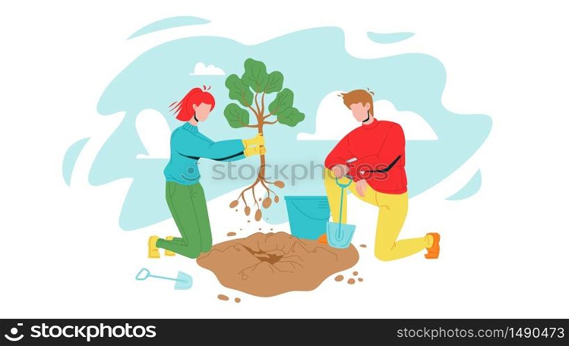 Man And Woman Volunteering Planting Tree Vector. Characters Boy And Girl Volunteers Gardening With Bucket And Shovel, Volonteering For Safe Environmental Ecology. Flat Cartoon Illustration. Man And Woman Volunteering Planting Tree Vector