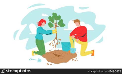Man And Woman Volunteering Planting Tree Vector. Characters Boy And Girl Volunteers Gardening With Bucket And Shovel, Volonteering For Safe Environmental Ecology. Flat Cartoon Illustration. Man And Woman Volunteering Planting Tree Vector