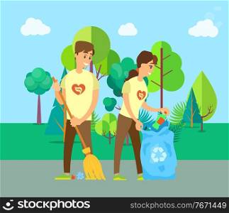 Man and woman volunteers sweeping road, cleaning trash and bottle, people holding broom and bag with litter, smiling workers near trees, eco vector. People Cleaning Up Street, Trash Outdoor Vector