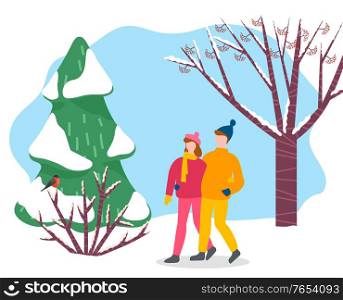 Man and woman walk through winter park or wood. People stroll hugging each other. Couple on romantic date in forest among snowy fir tree and shrub. Vector illustration of dating in flat style. Couple Walk Through Winter Forest, People on Date