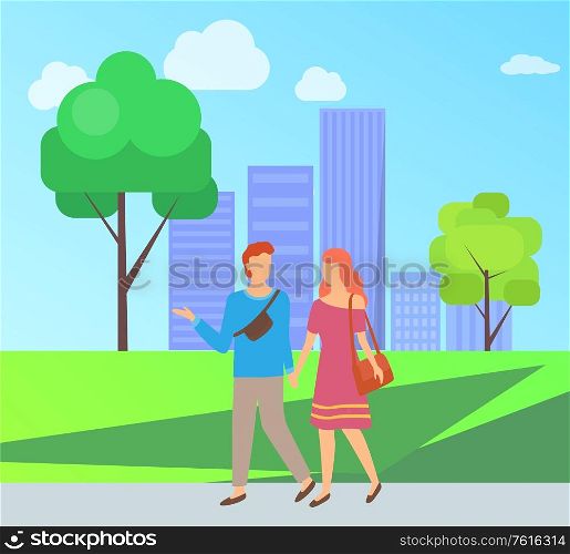 Man and woman walking in city park, portrait and full length view of couple in casual clothes, holding hands, dating of boyfriend and girlfriend vector. People Walking in Park, Dating of Couple Vector